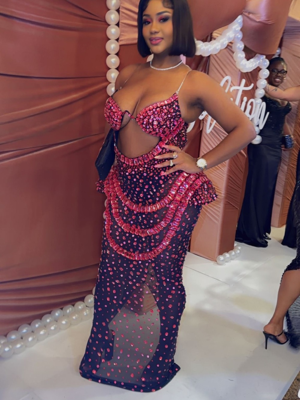 Elegant Black & Fuchsia Sequin Two-Piece Evening Dress